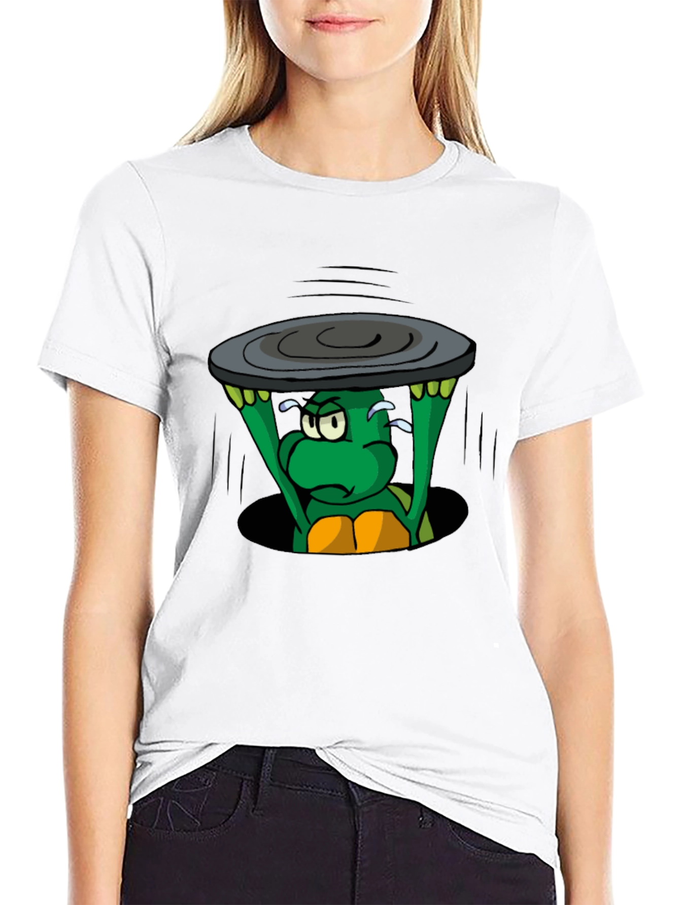 Cartoon Turtle Lifting Manhole Cover Black T-Shirt