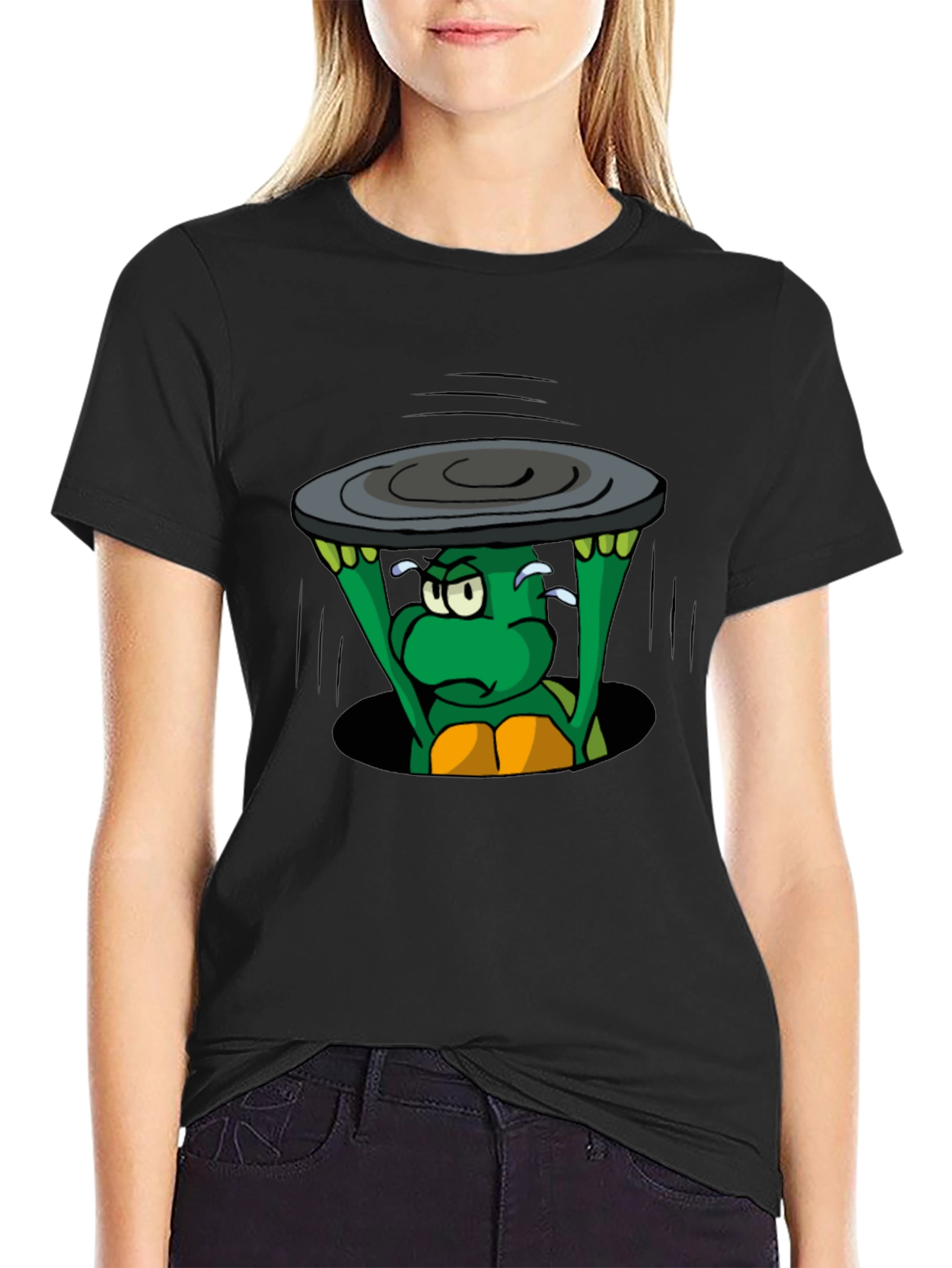 Cartoon Turtle Lifting Manhole Cover Black T-Shirt