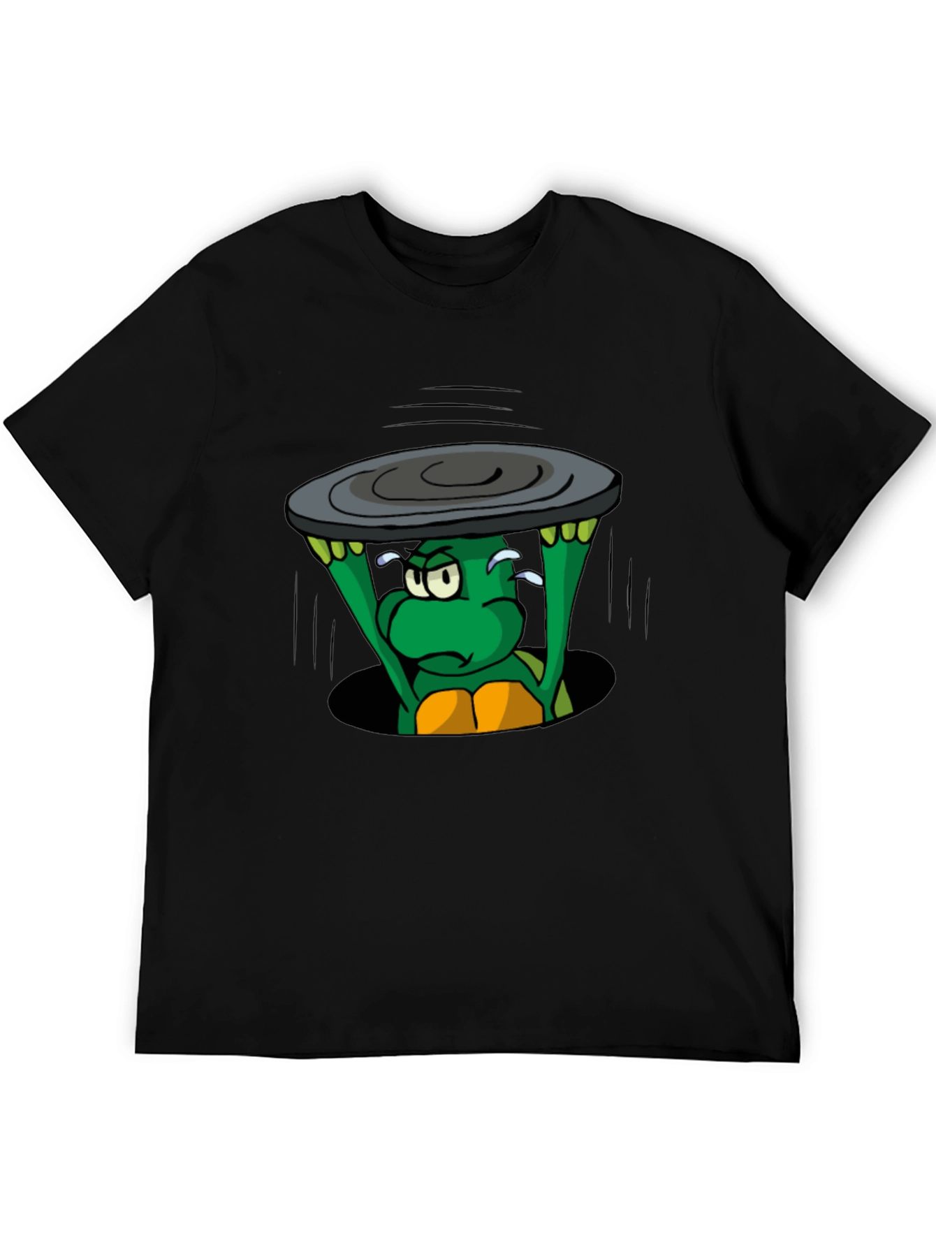 Cartoon Turtle Lifting Manhole Cover Black T-Shirt