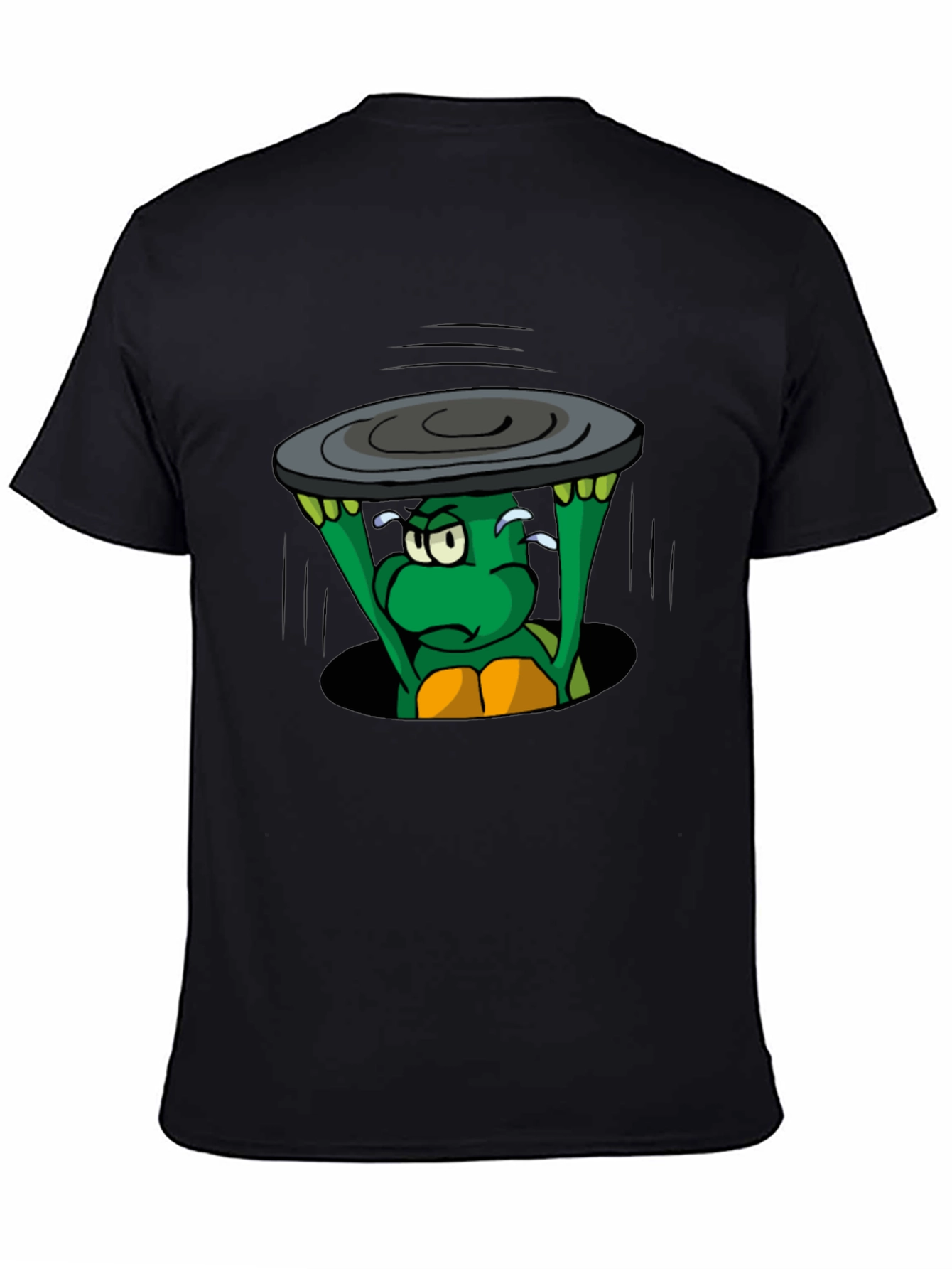 Cartoon Turtle Lifting Manhole Cover Black T-Shirt