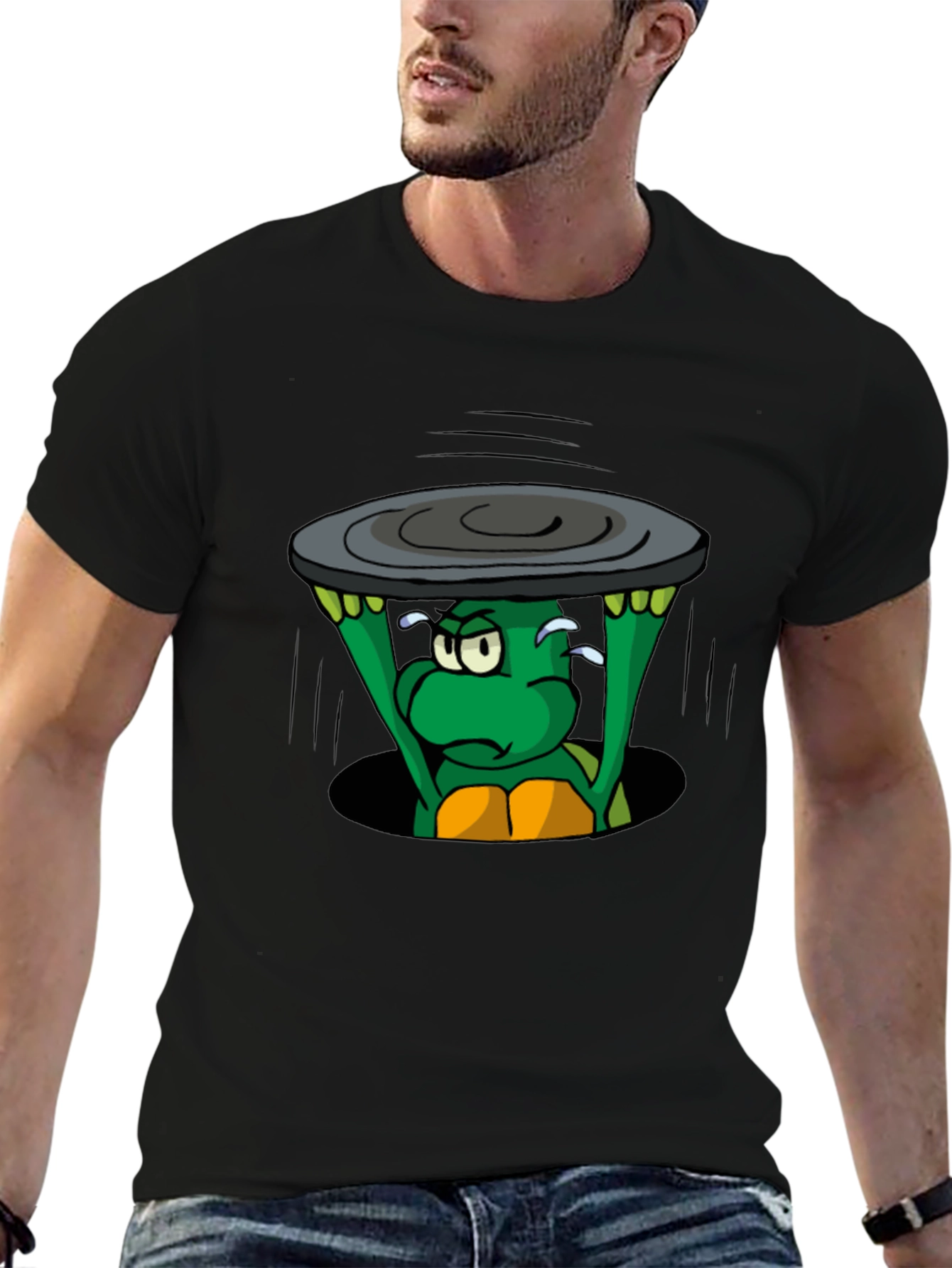 Cartoon Turtle Lifting Manhole Cover Black T-Shirt
