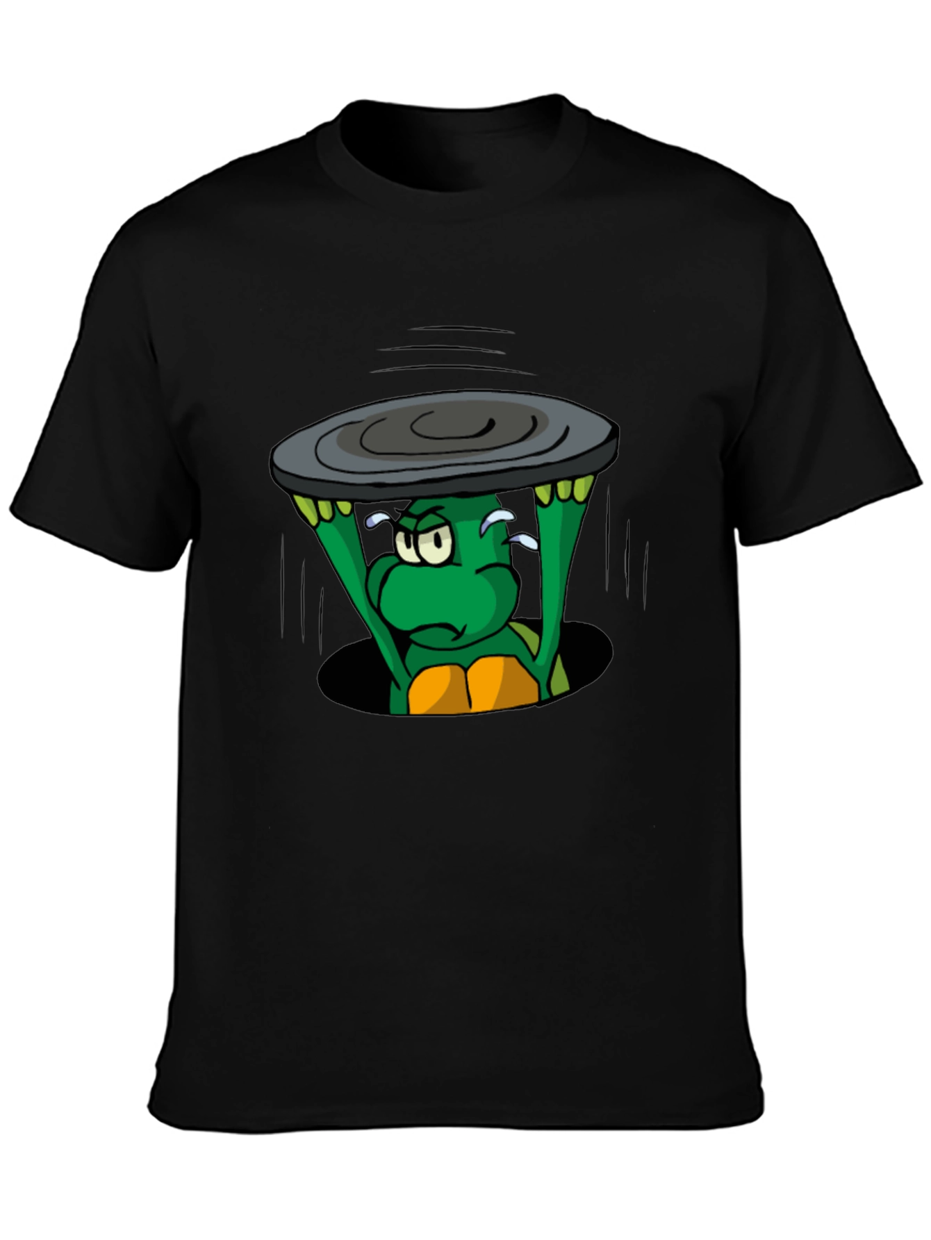 Cartoon Turtle Lifting Manhole Cover Black T-Shirt