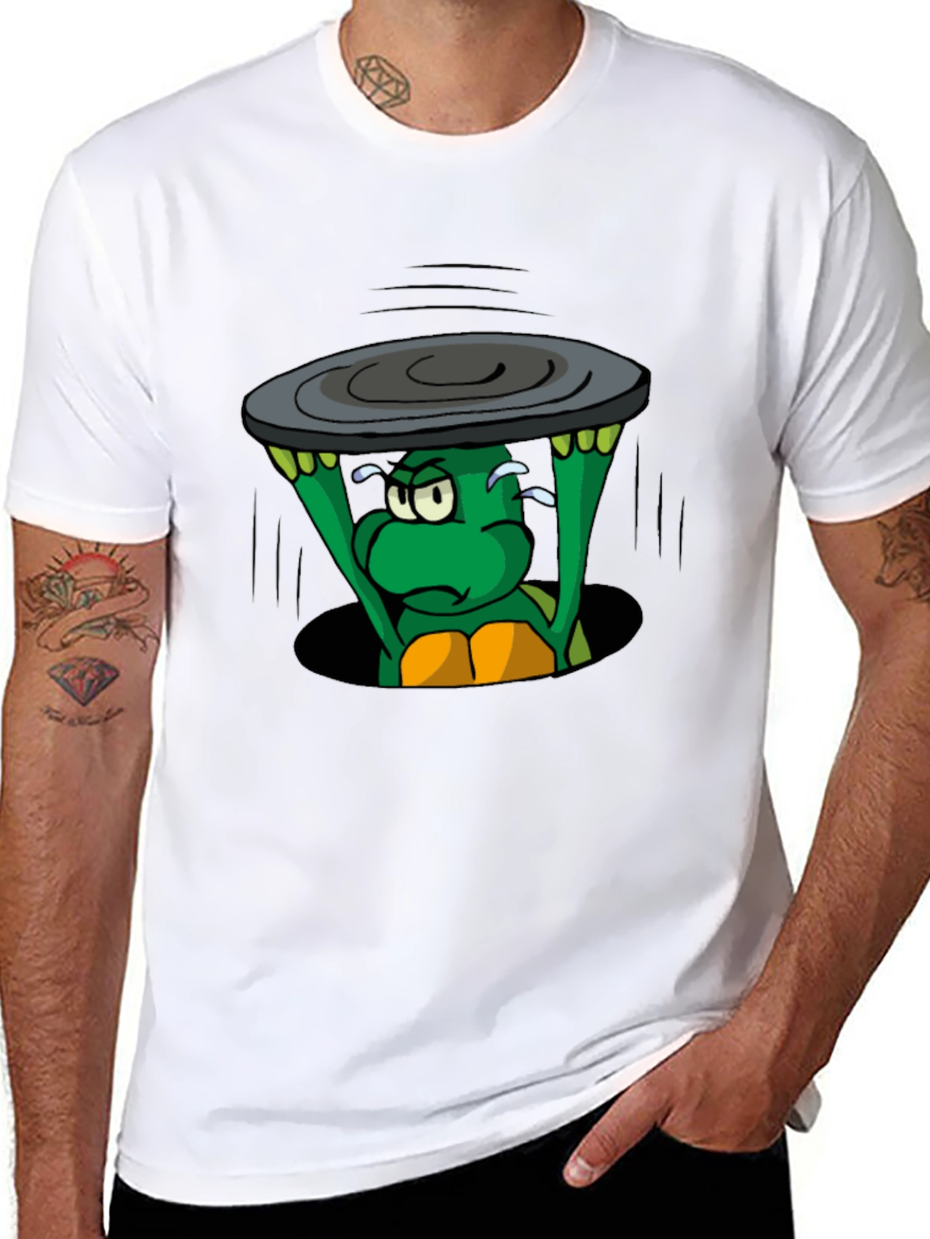 Cartoon Turtle Lifting Manhole Cover Black T-Shirt