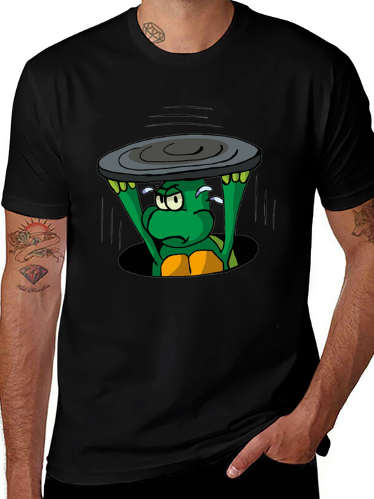 Cartoon Turtle Lifting Manhole Cover Black T-Shirt