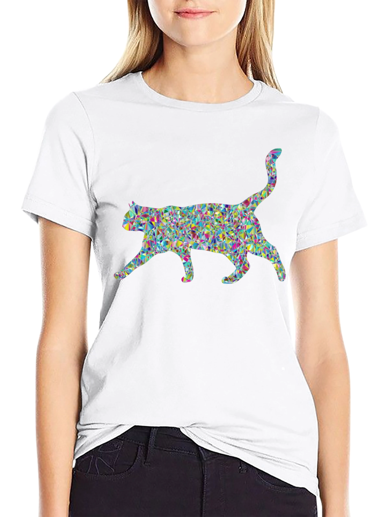 Geometric Cat Graphic Black T-Shirt