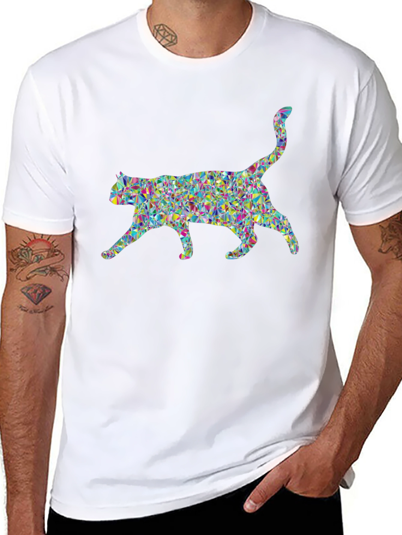Geometric Cat Graphic Black T-Shirt
