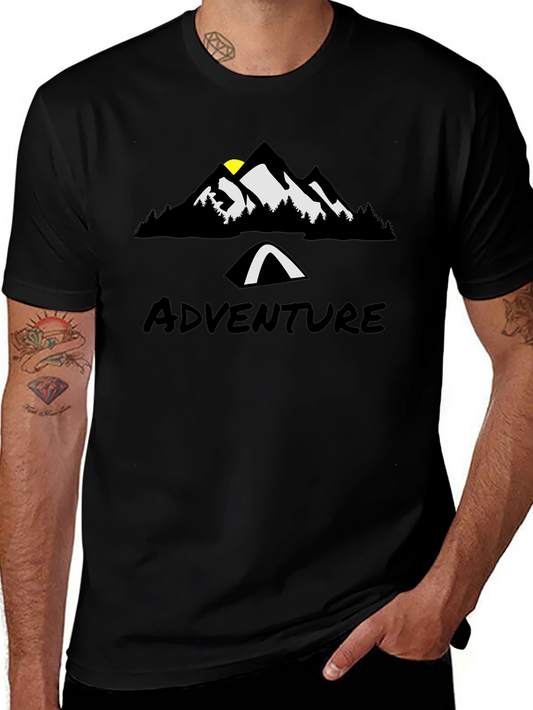 Adventure Awaits Black T-Shirt - Mountain & Tent Graphic Tee