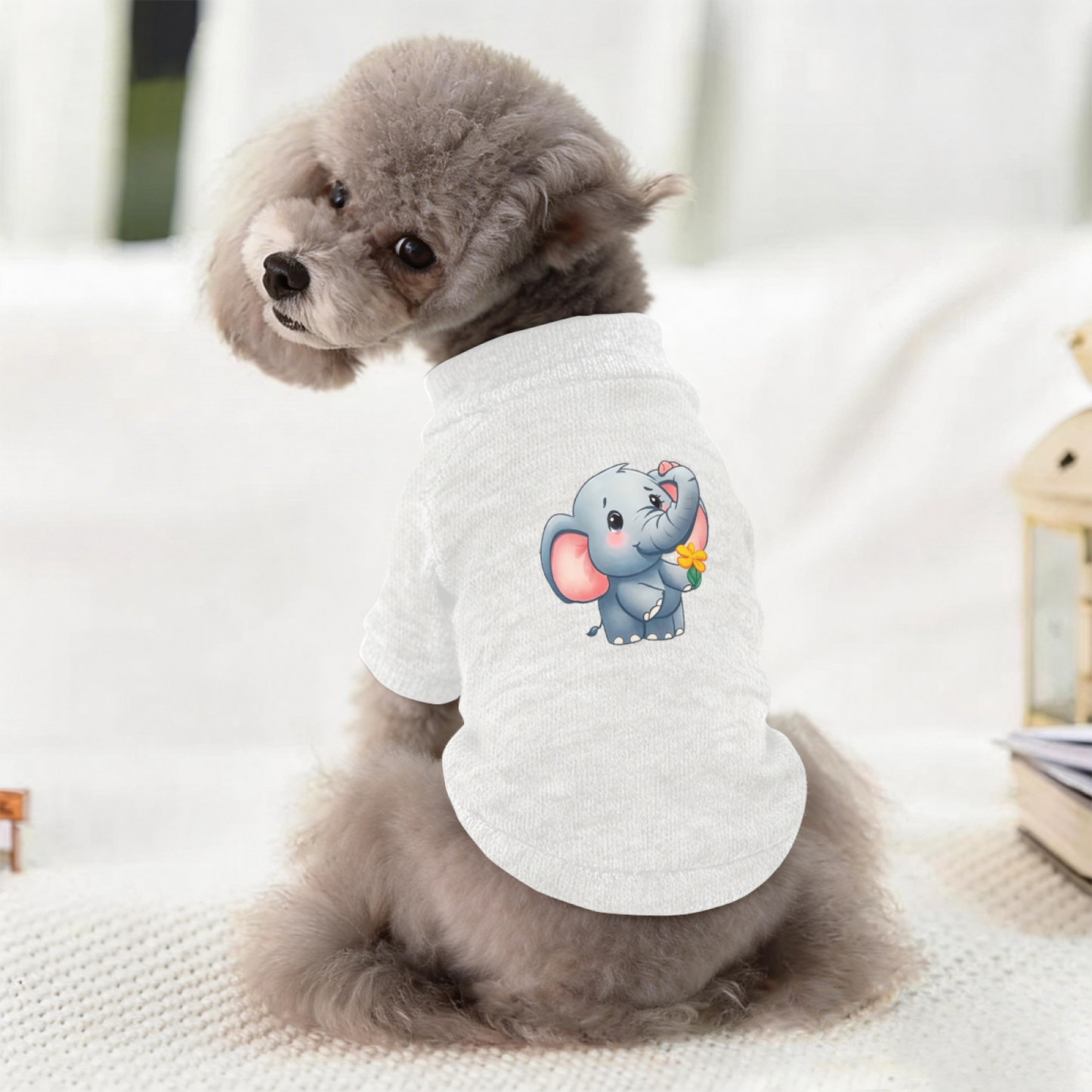 Sweet Baby Elephant Holding Flower Gentle White Pet Cardigan Sweater