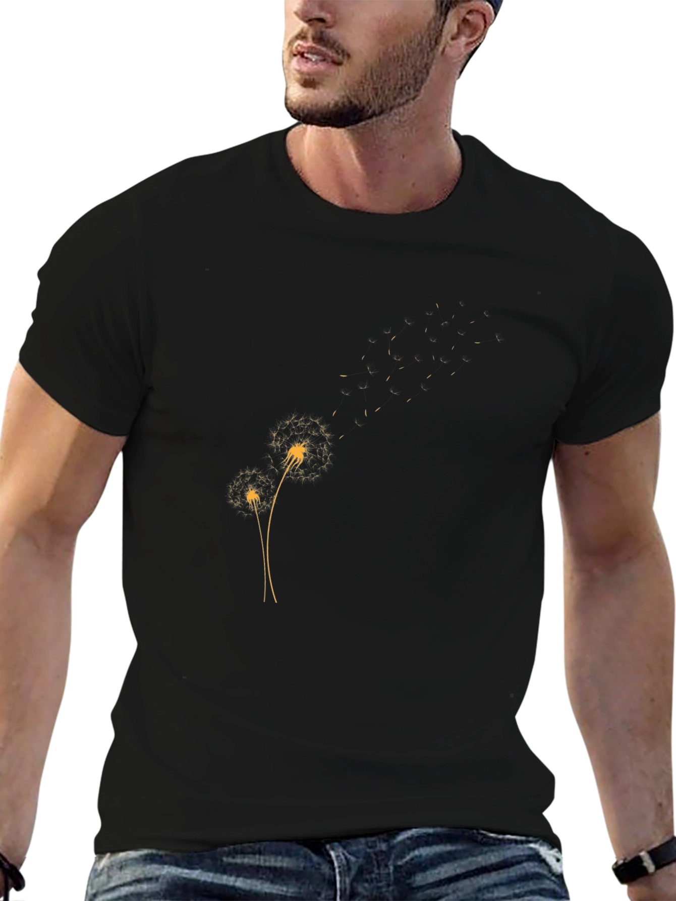 Mens Black T-Shirt with Dandelion Design