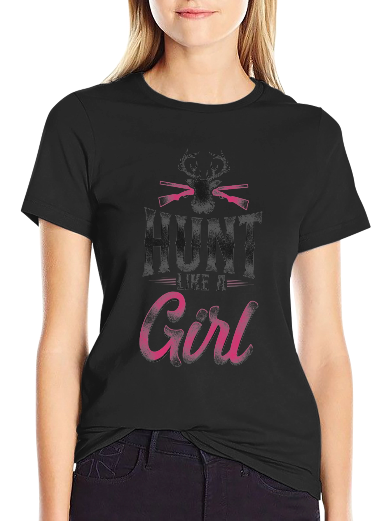 Hunt Girl T-Shirt - Black Crew Neck Hunting Apparel