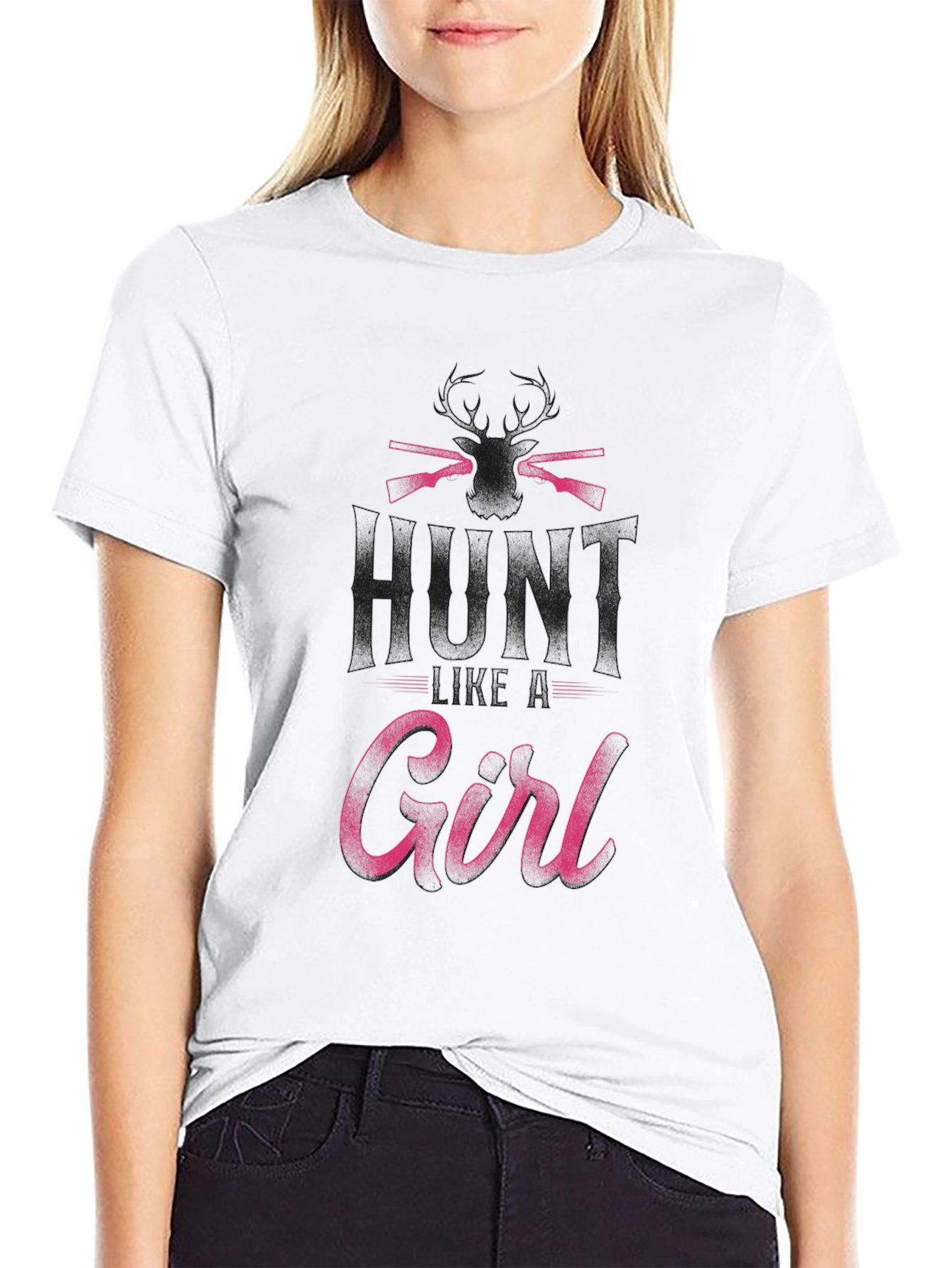 Hunt Girl T-Shirt - Black Crew Neck Hunting Apparel