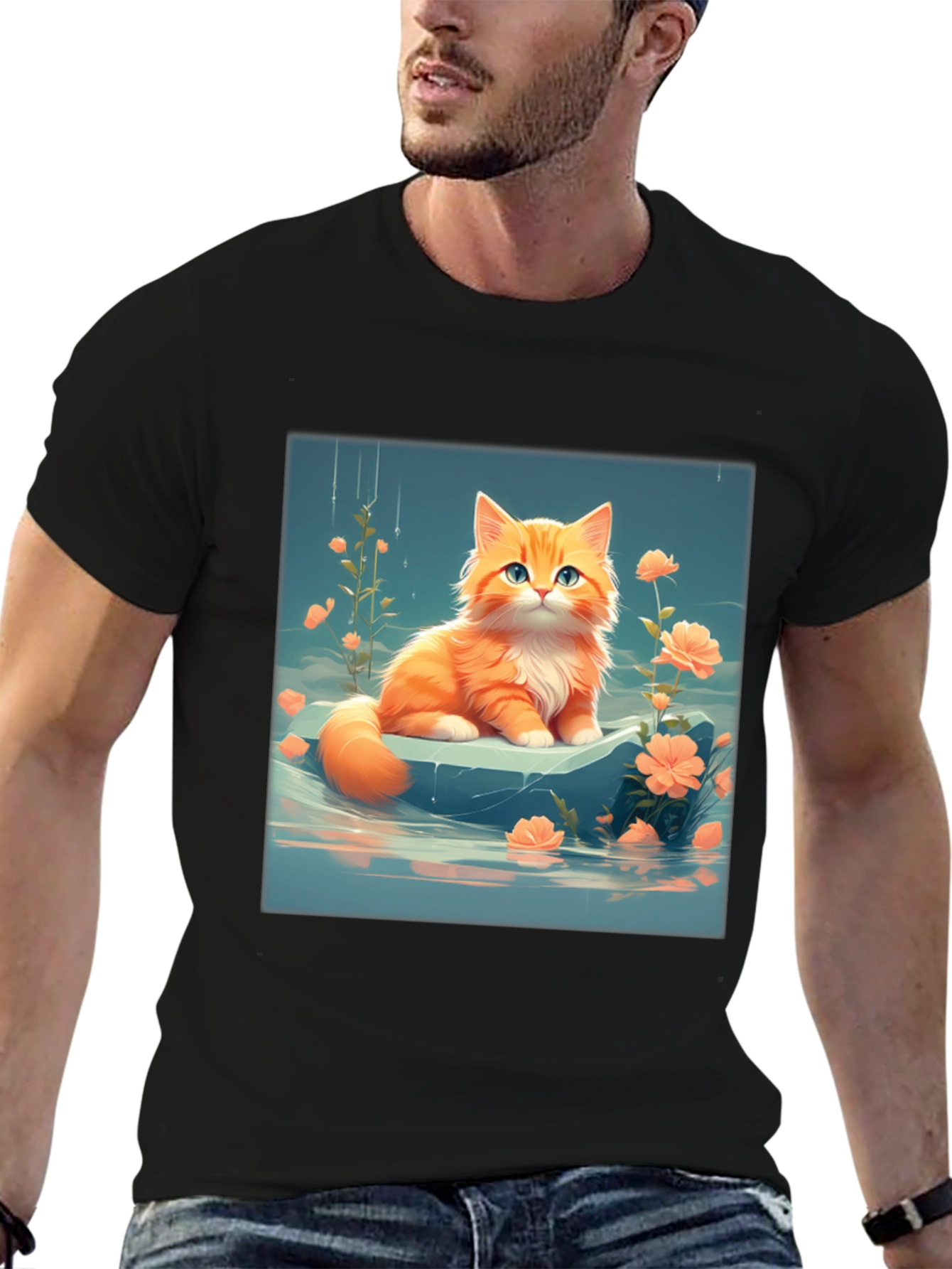 Cute Kitten & Flowers Graphic Black T-Shirt