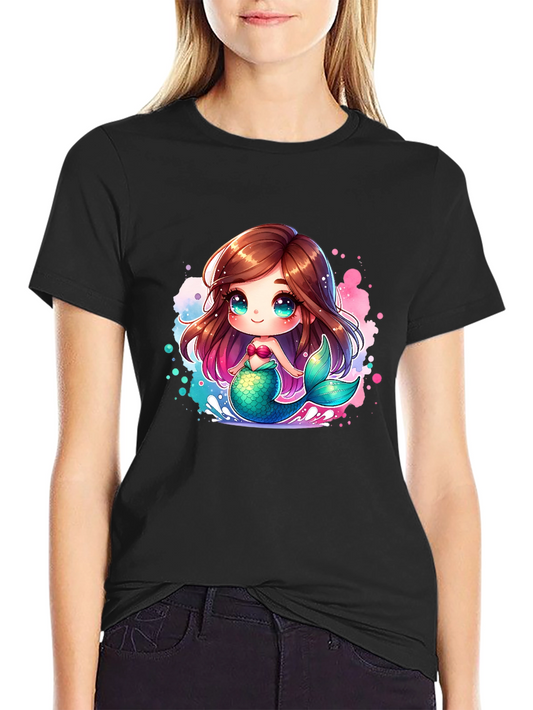 Cute Mermaid Cartoon Black T-Shirt
