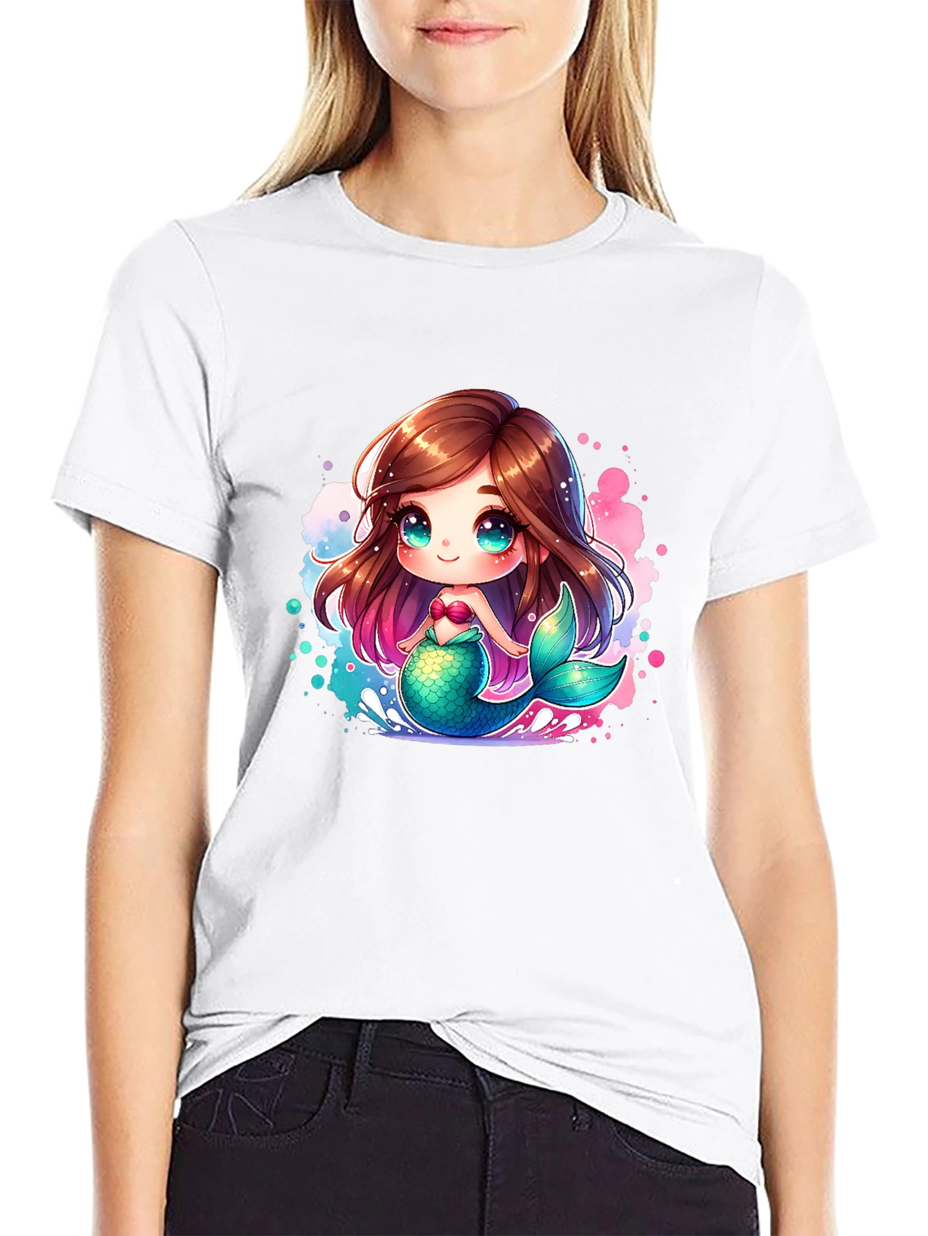 Cute Mermaid Cartoon Black T-Shirt