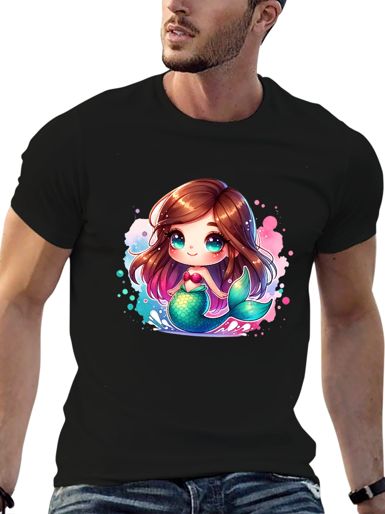 Cute Mermaid Cartoon Black T-Shirt