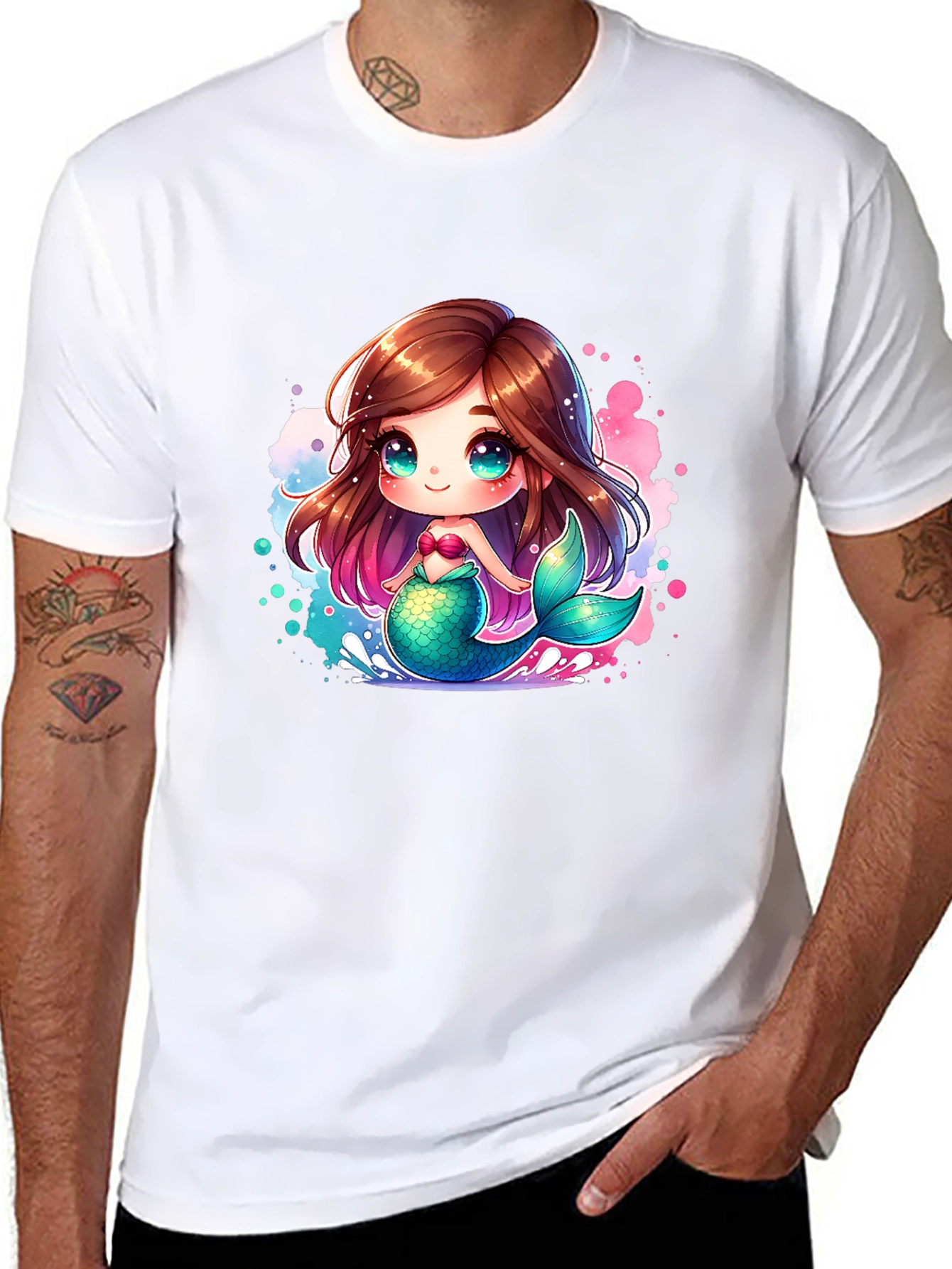 Cute Mermaid Cartoon Black T-Shirt