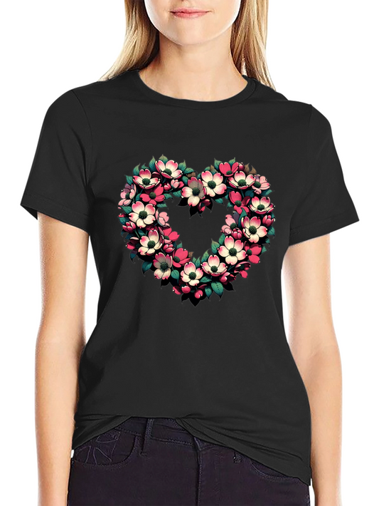 Floral Heart Graphic Tee - Black Cotton T-Shirt
