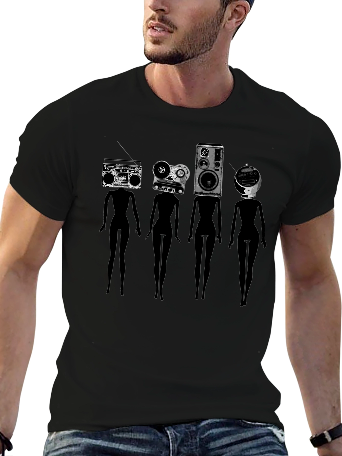 Novelty Black T-Shirt with Retro Audio Head Silhouettes