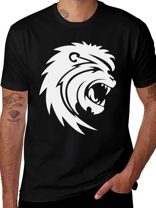 Lion Graphic Print Black Crew Neck Tee for Men
