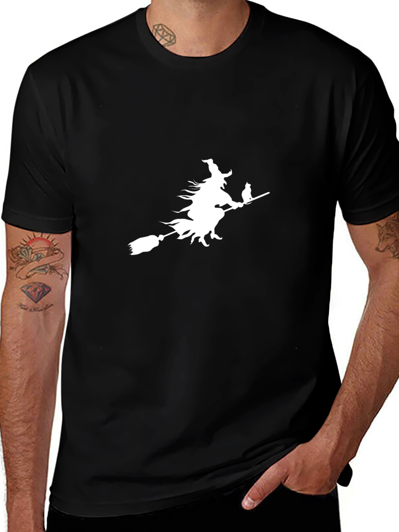 Witch on Broomstick Graphic Tee - Black Cotton