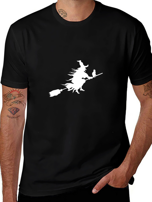 Witch on Broomstick Graphic Tee - Black Cotton