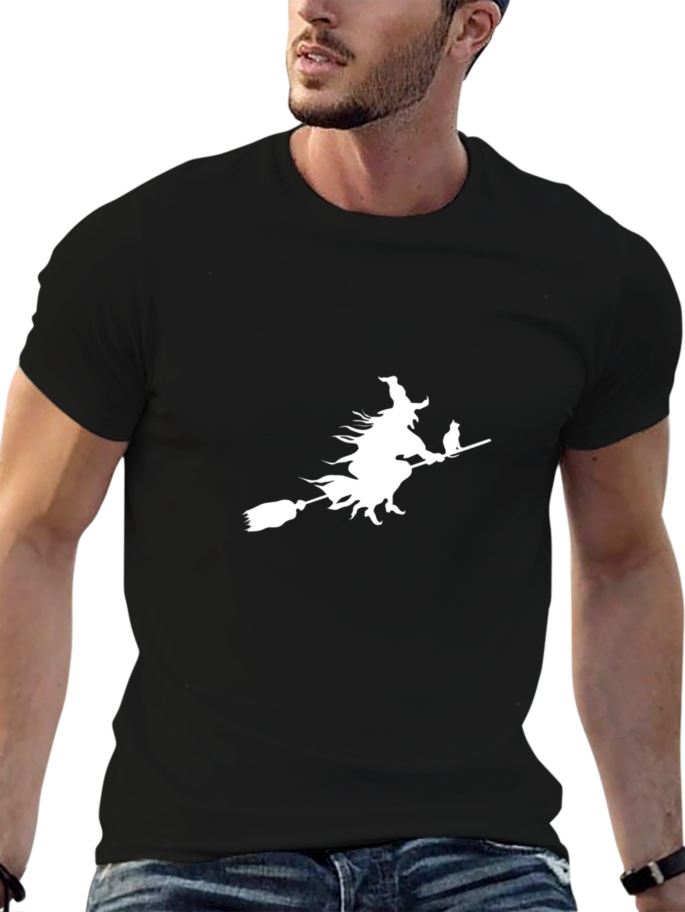 Witch on Broomstick Graphic Tee - Black Cotton