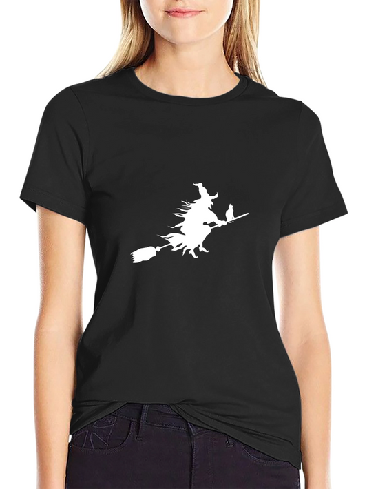 Witch on Broomstick Graphic Tee - Black Cotton