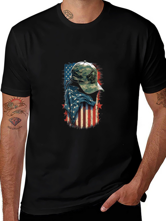 American Flag Camo Hat Graphic T-Shirt