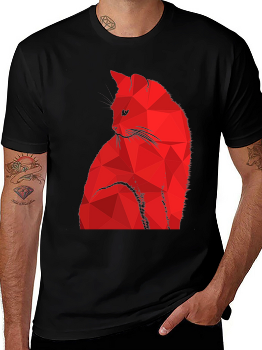 Geometric Red Cat Graphic Black T-Shirt