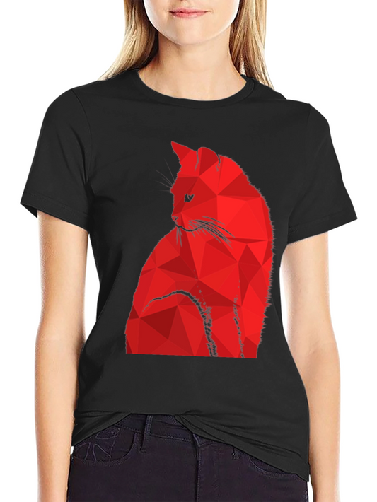 Geometric Red Cat Graphic Black T-Shirt