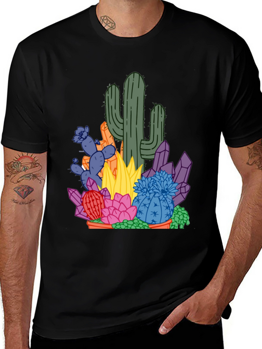 Cactus & Crystal Graphic Tee - Black Cotton Casual Shirt