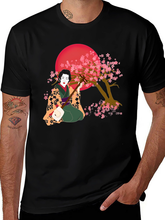 Geisha Cherry Blossom Graphic Tee - Unique Artistic Design