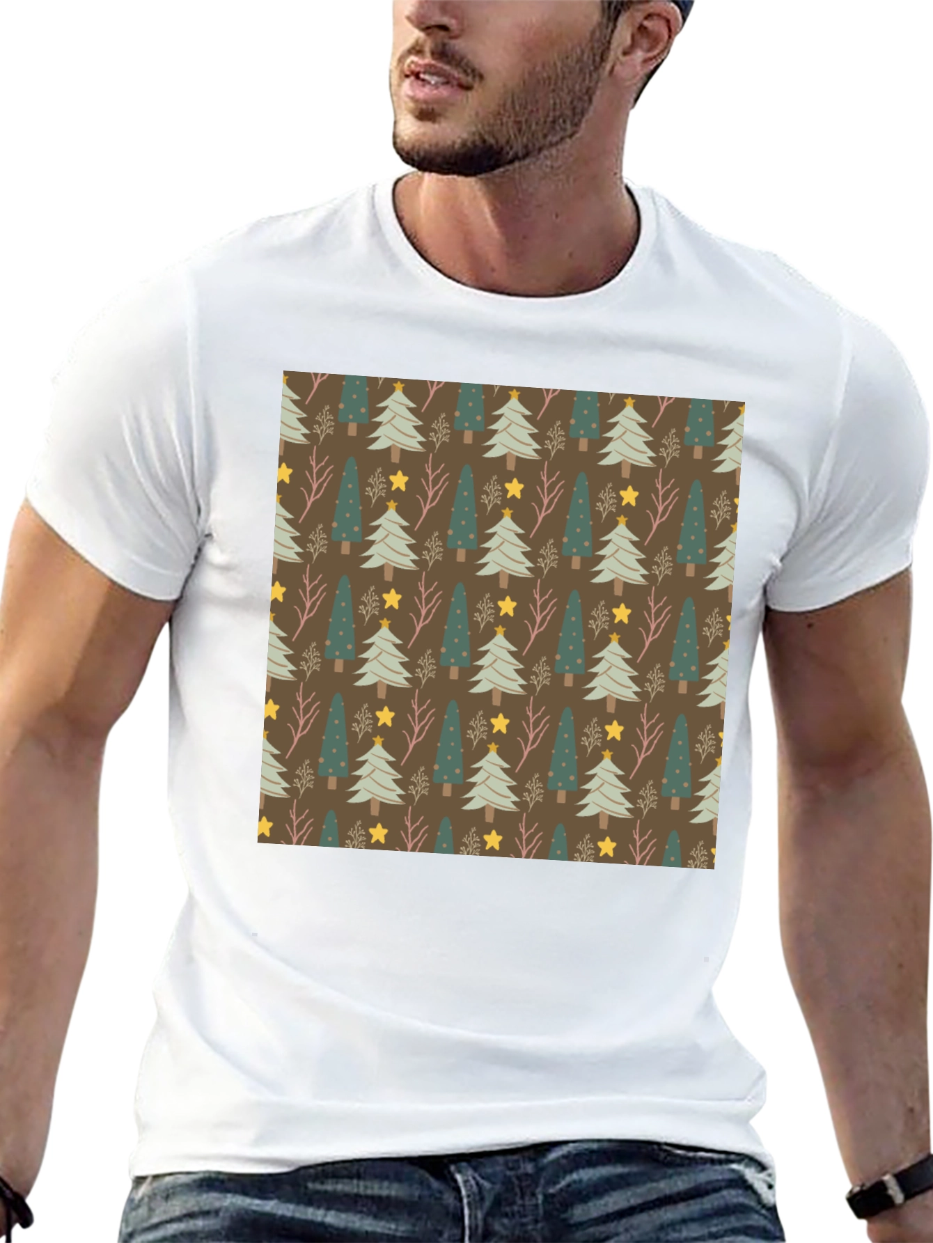 Festive Christmas Tree Pattern Black Tee