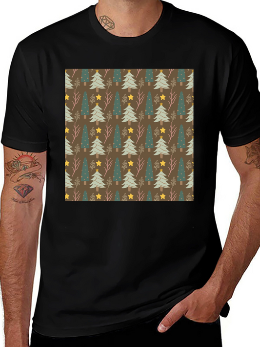 Festive Christmas Tree Pattern Black Tee
