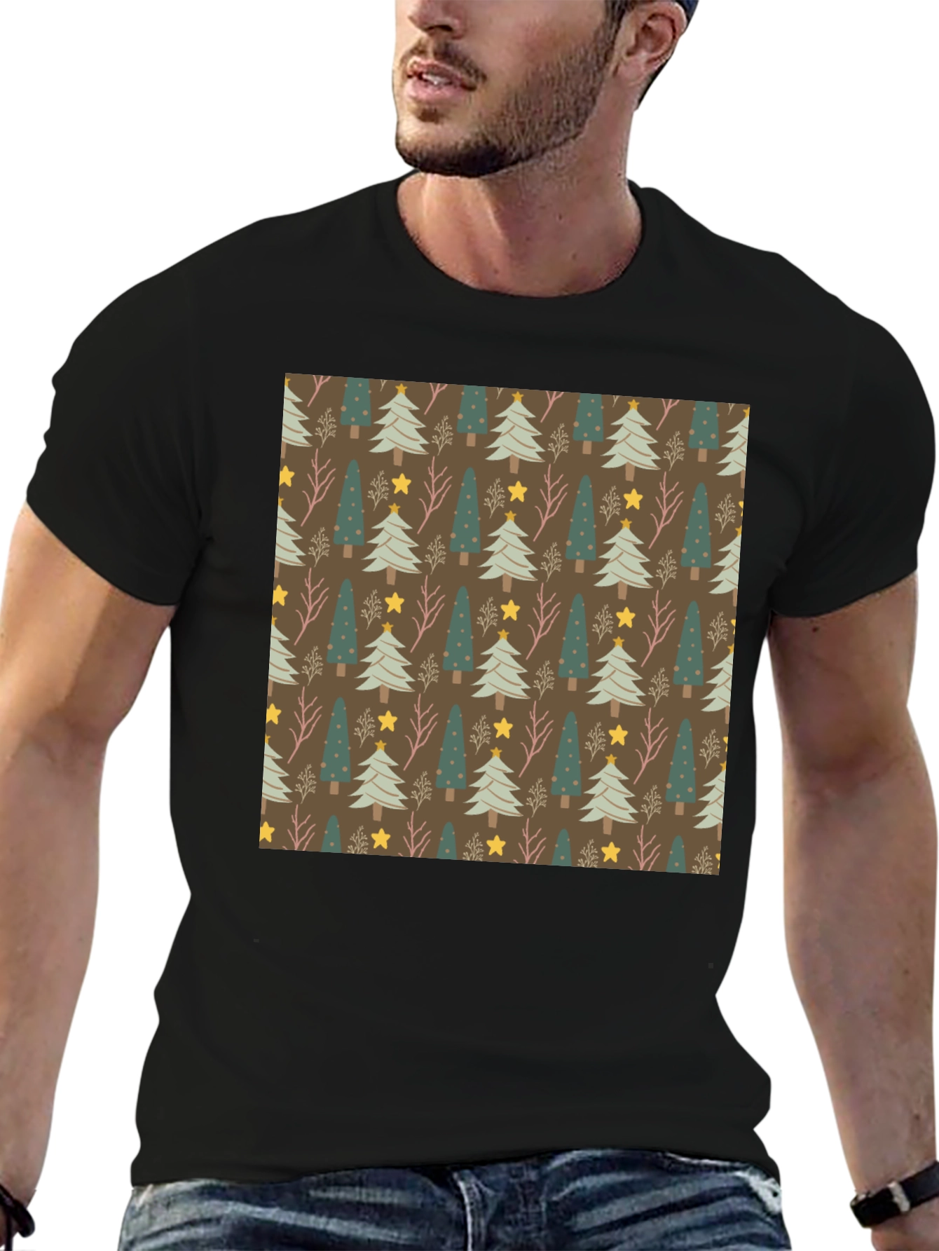 Festive Christmas Tree Pattern Black Tee