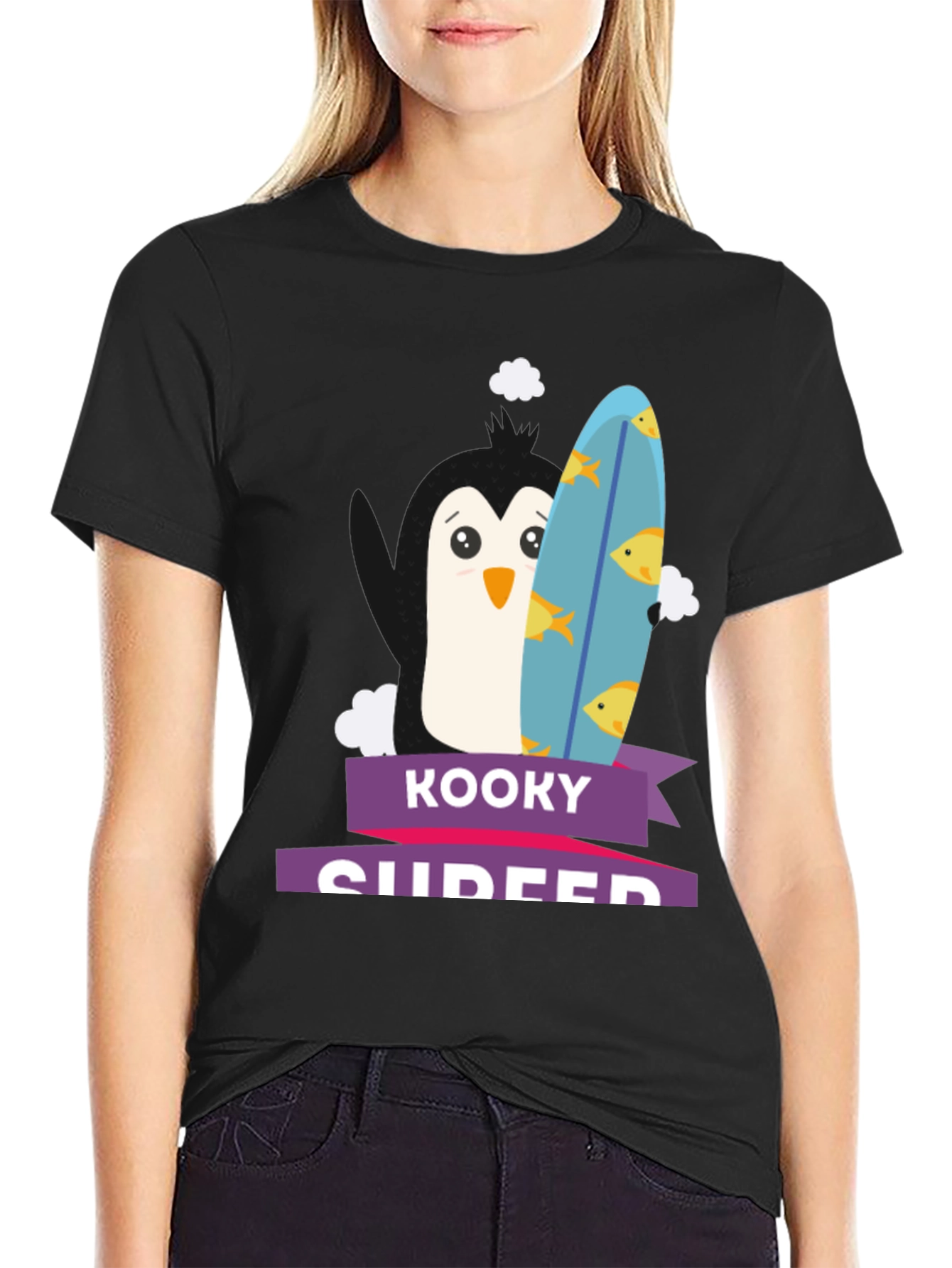 Kooky Surfer Penguin Graphic Tee - Black