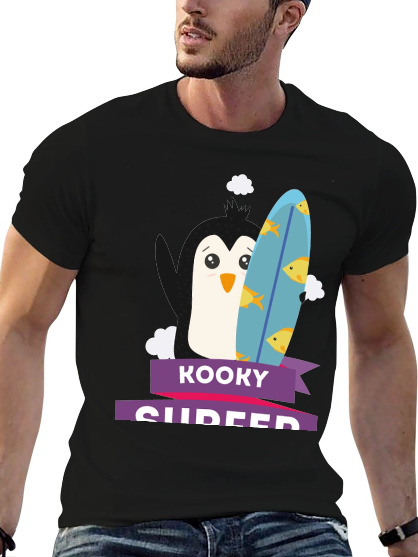 Kooky Surfer Penguin Graphic Tee - Black