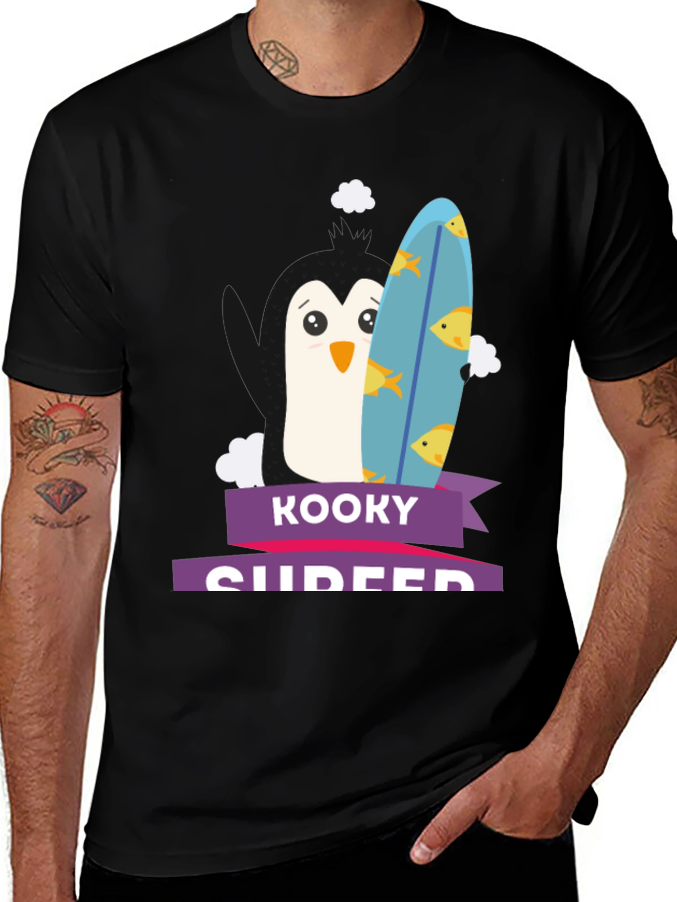 Kooky Surfer Penguin Graphic Tee - Black
