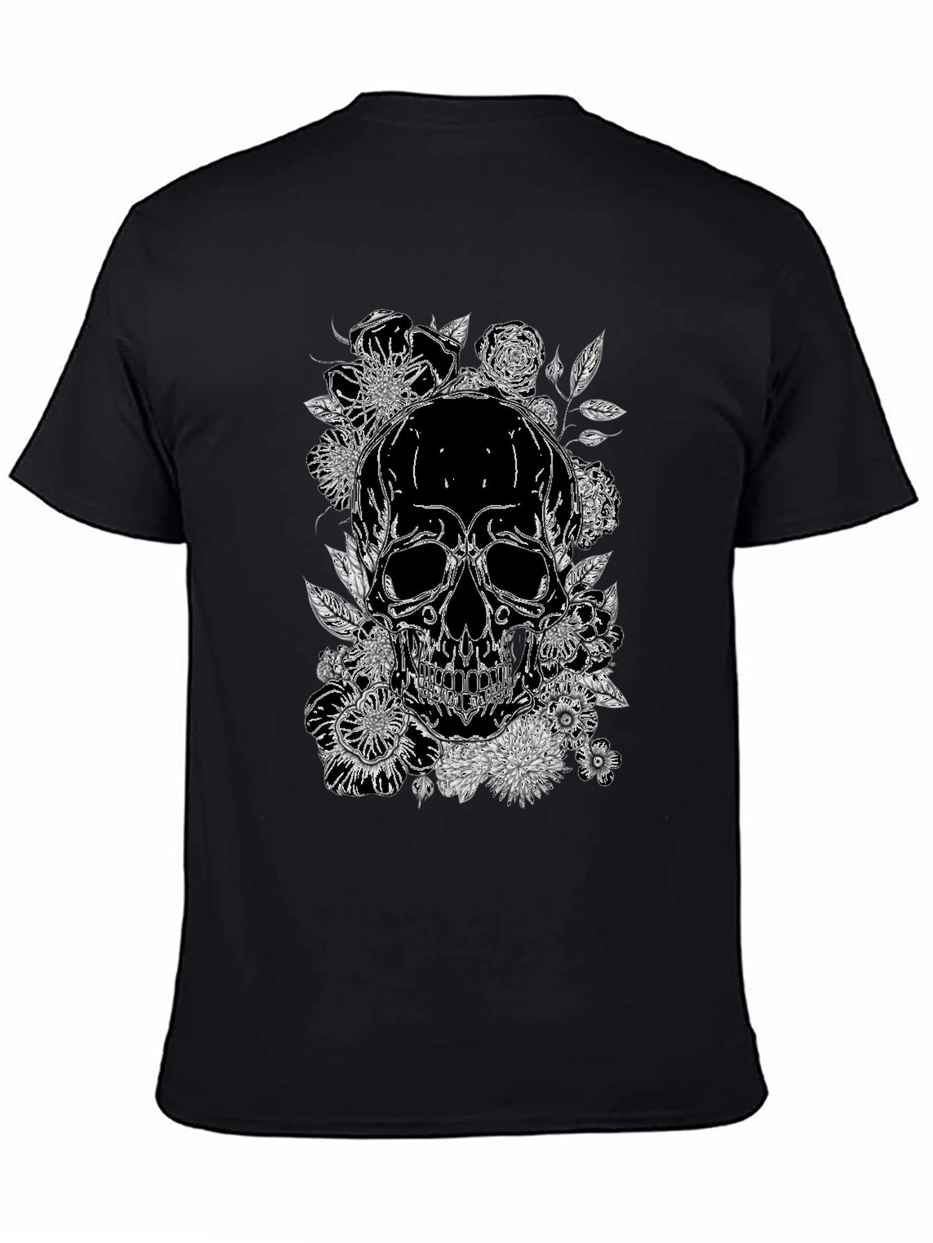Skull & Floral Print Graphic Tee - Black