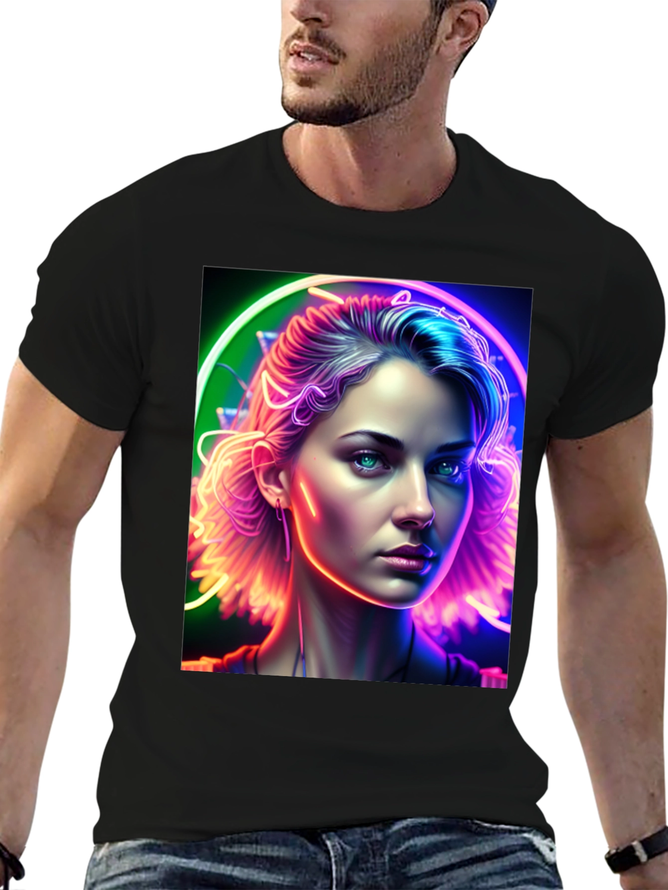 Neon Portrait Graphic Tee - Modern Art Shirt