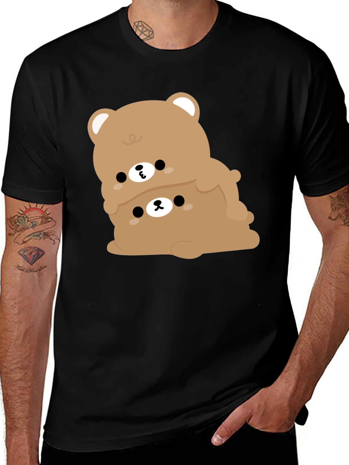 Cute Bear Stack Graphic Black T-Shirt
