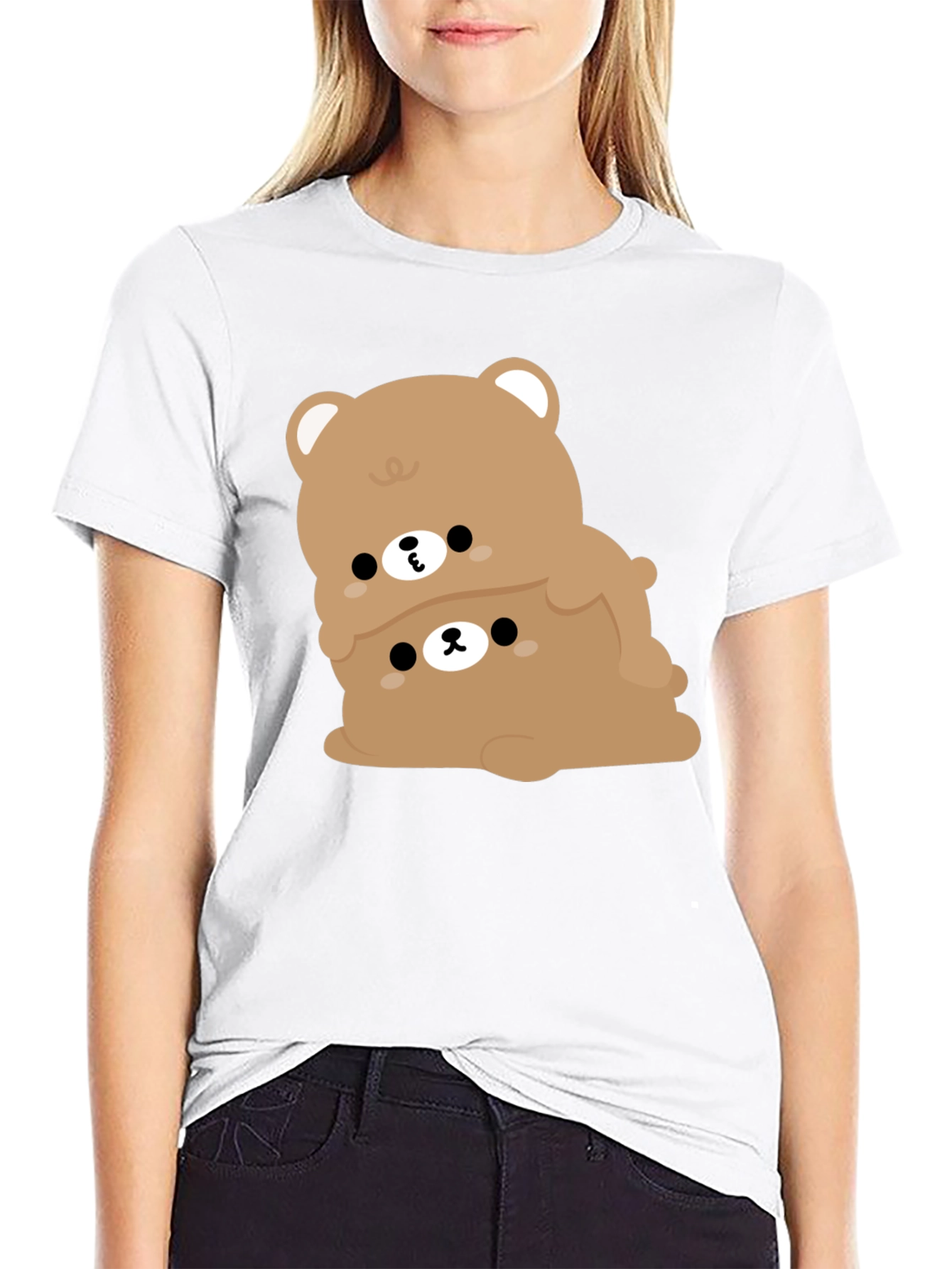 Cute Bear Stack Graphic Black T-Shirt