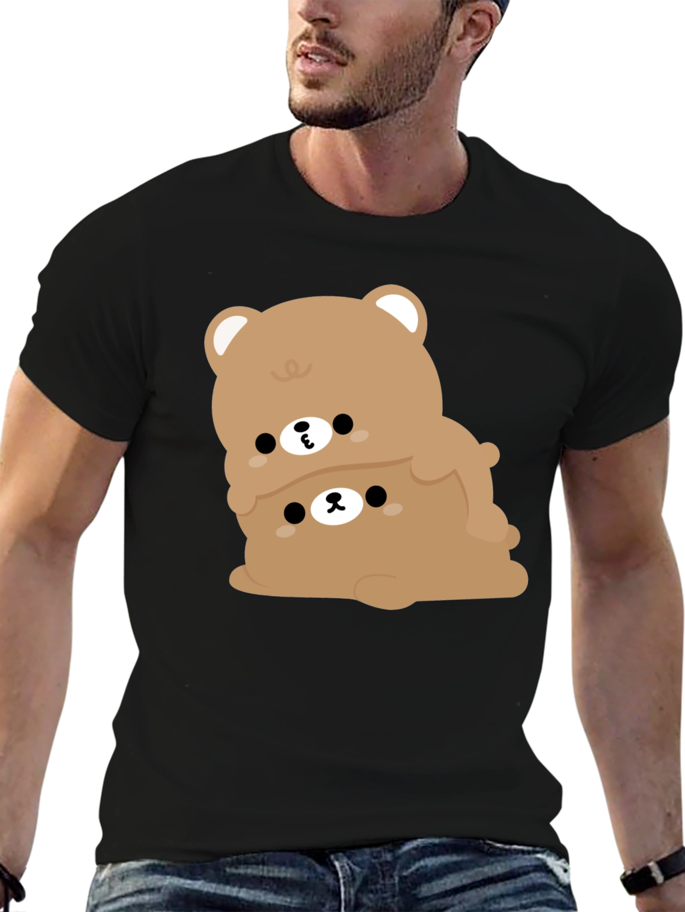 Cute Bear Stack Graphic Black T-Shirt