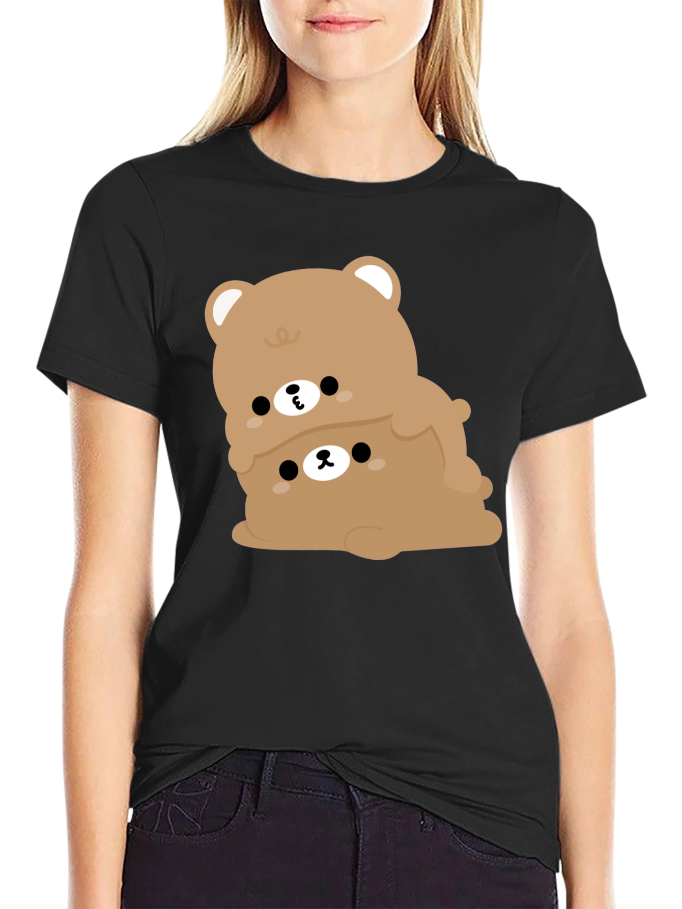 Cute Bear Stack Graphic Black T-Shirt