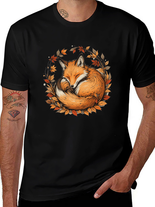 Fox & Foliage Black T-Shirt - Autumnal Design