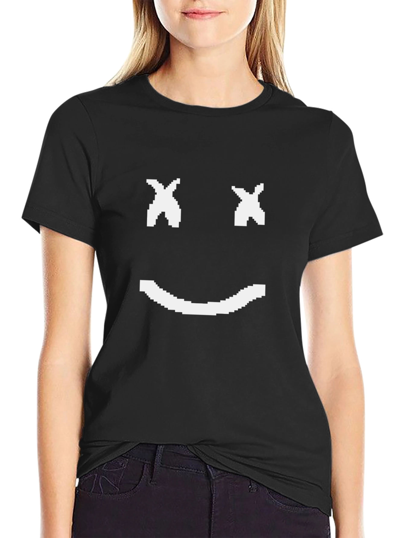 Pixel Smiley Face Black T-Shirt