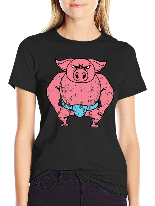 Funny Angry Sumo Pig Graphic Tee - Black
