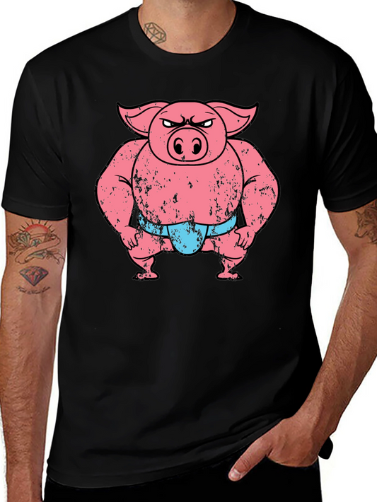 Funny Angry Sumo Pig Graphic Tee - Black
