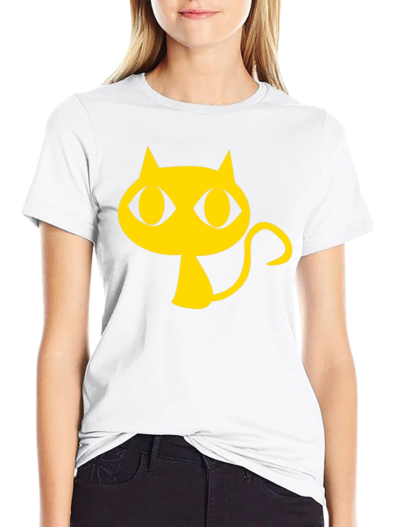 Black T-Shirt with Yellow Cartoon Cat Graphic
