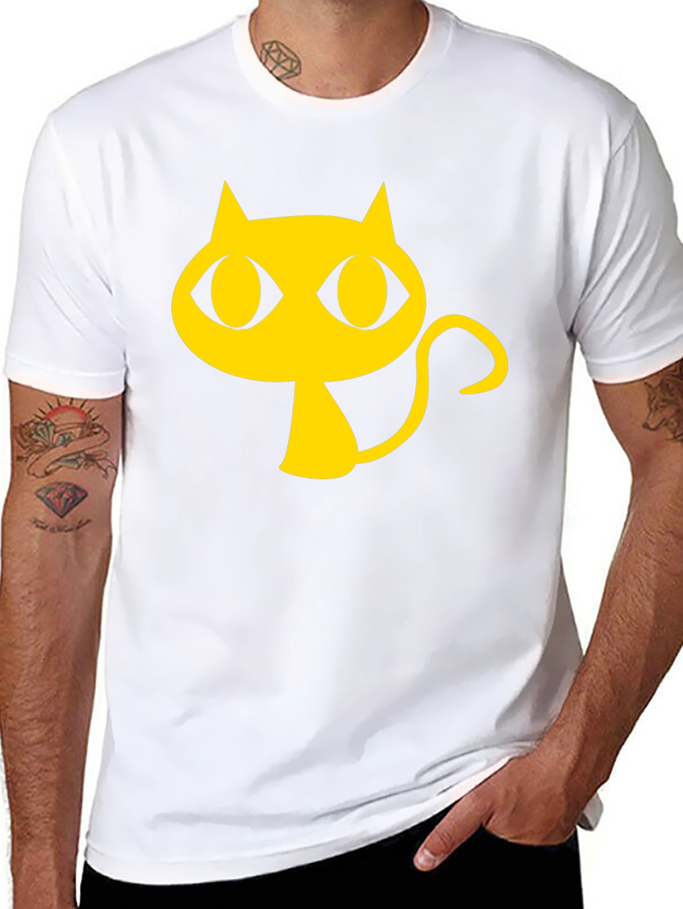 Black T-Shirt with Yellow Cartoon Cat Graphic